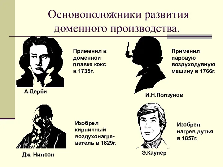 Основоположники развития доменного производства. Применил в доменной плавке кокс в 1735г.