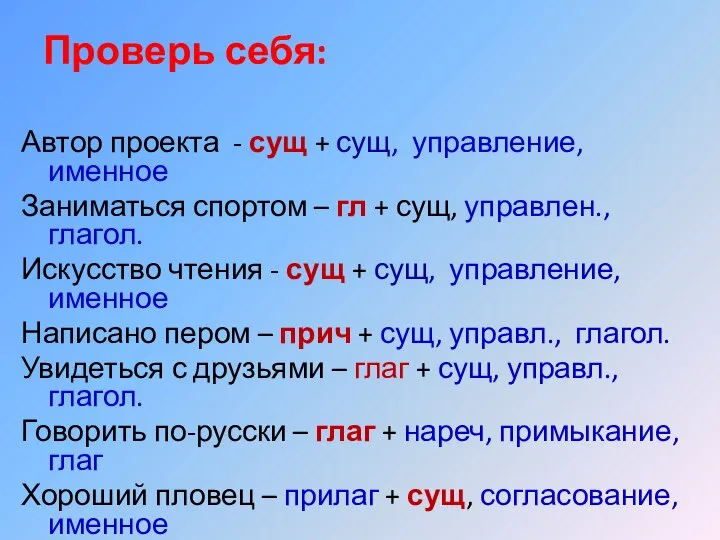 Проверь себя: Автор проекта - сущ + сущ, управление, именное Заниматься