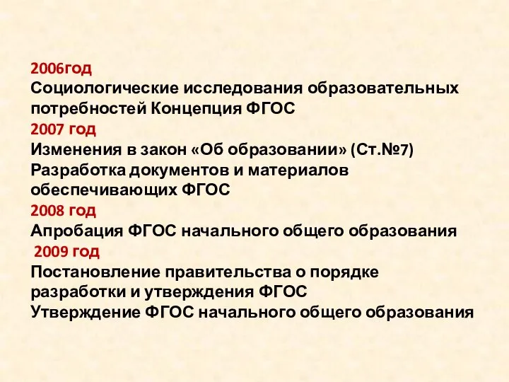 2006год Социологические исследования образовательных потребностей Концепция ФГОС 2007 год Изменения в