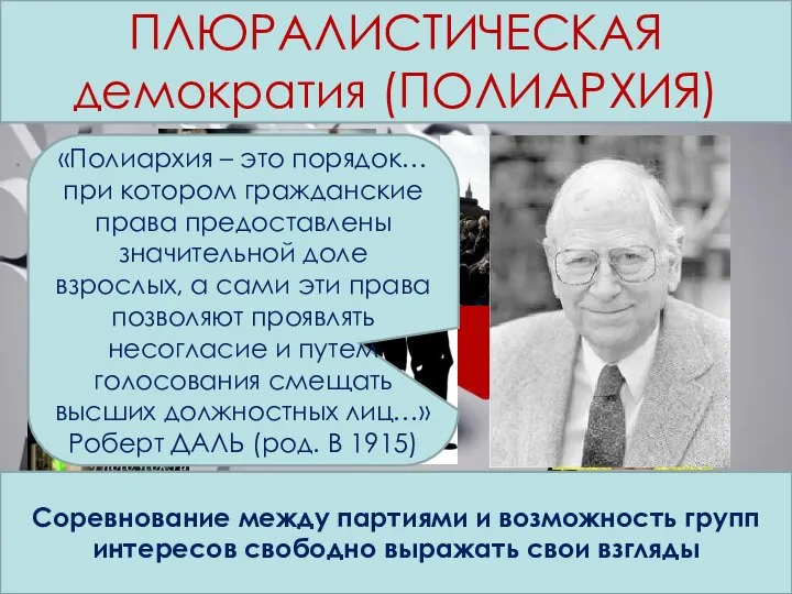 Концепции современной демократии Соревнование между партиями и возможность групп интересов свободно