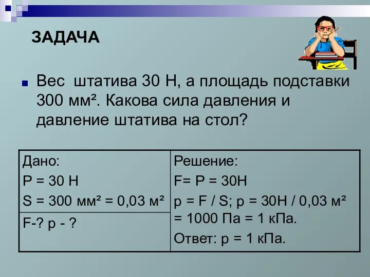 Вес штатива 30 Н, а площадь подставки 300 мм². Какова сила