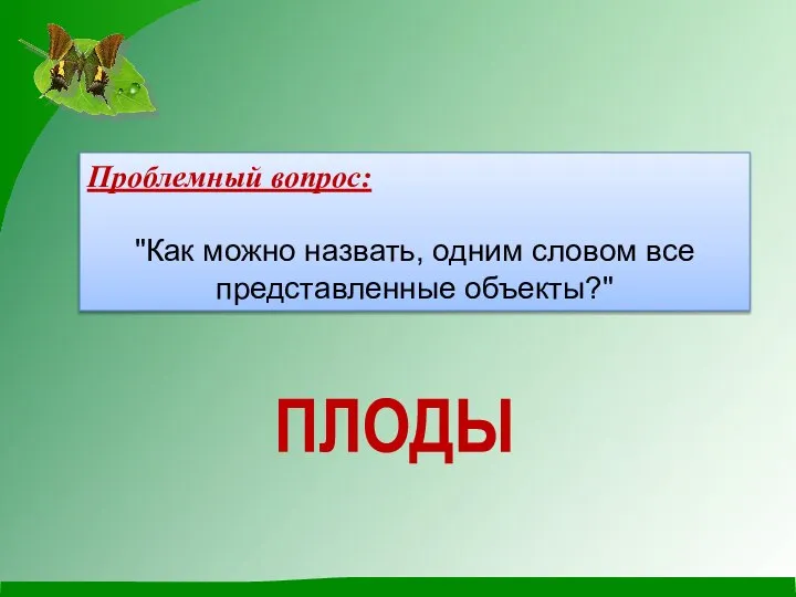 Проблемный вопрос: "Как можно назвать, одним словом все представленные объекты?" ПЛОДЫ