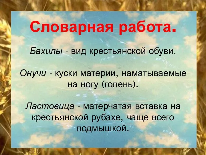 Словарная работа. Бахилы - вид крестьянской обуви. Онучи - куски материи,