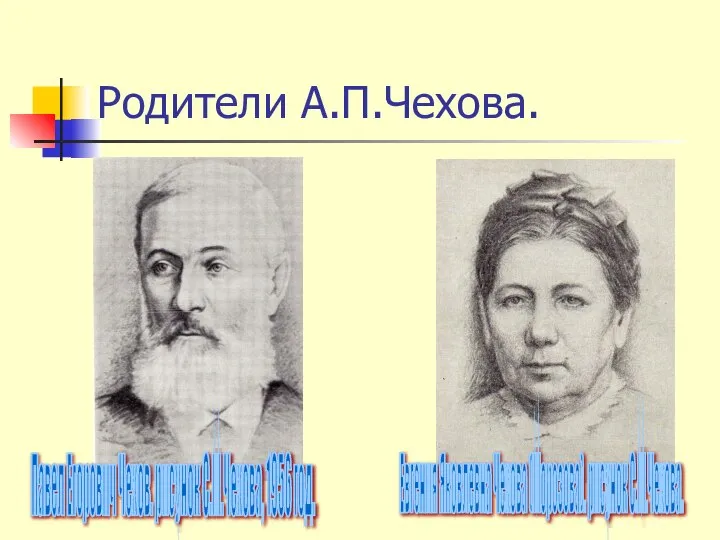 Родители А.П.Чехова. Павел Егорович Чехов. рисунок С.М.Чехова, 1956 год. Евгения Яковлевна Чехова (Морозова). рисунок С.М.Чехова.