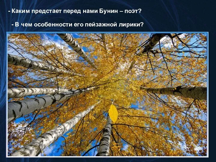 - Каким предстает перед нами Бунин – поэт? - В чем особенности его пейзажной лирики?