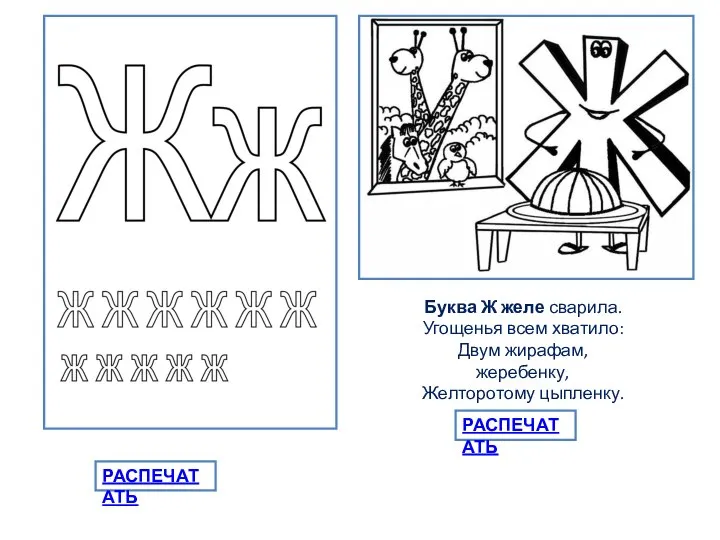 Буква Ж желе сварила. Угощенья всем хватило: Двум жирафам, жеребенку, Желторотому цыпленку. РАСПЕЧАТАТЬ РАСПЕЧАТАТЬ