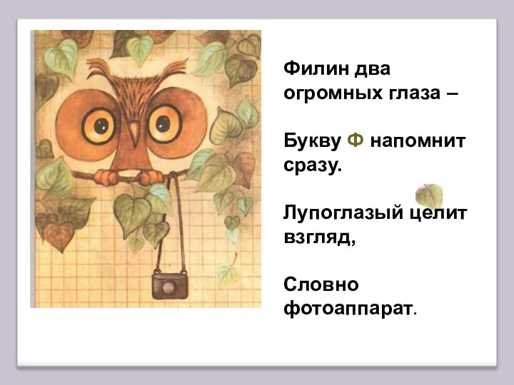 Филин два огромных глаза – Букву Ф напомнит сразу. Лупоглазый целит взгляд, Словно фотоаппарат.