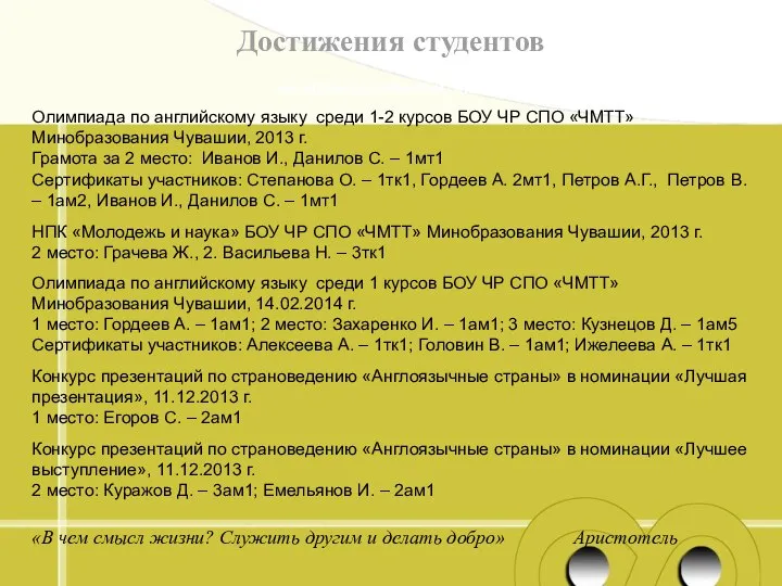 Достижения студентов «В чем смысл жизни? Служить другим и делать добро» Аристотель