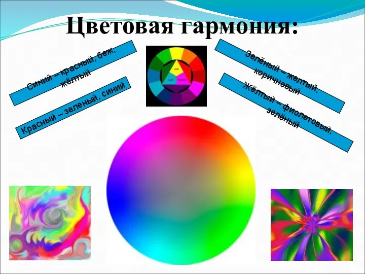 Цветовая гармония: Синий – красный, беж, жёлтый Красный – зеленый, синий