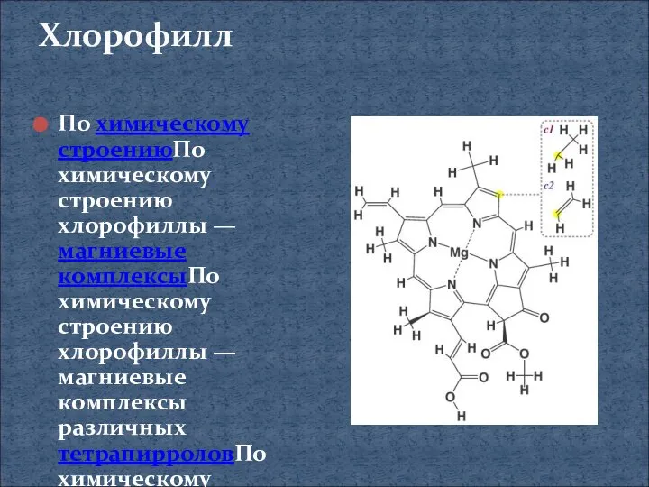 Хлорофилл По химическому строениюПо химическому строению хлорофиллы — магниевые комплексыПо химическому