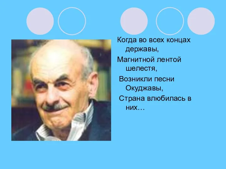 Когда во всех концах державы, Магнитной лентой шелестя, Возникли песни Окуджавы, Страна влюбилась в них…