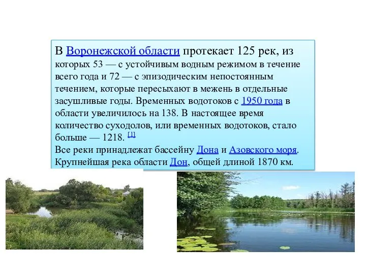 В Воронежской области протекает 125 рек, из которых 53 — с