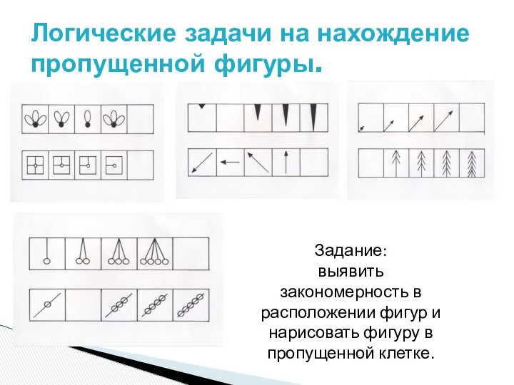 Логические задачи на нахождение пропущенной фигуры. Задание: выявить закономерность в расположении