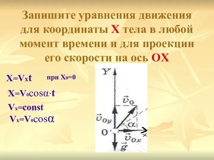 Запишите уравнения движения для координаты X тела в любой момент времени