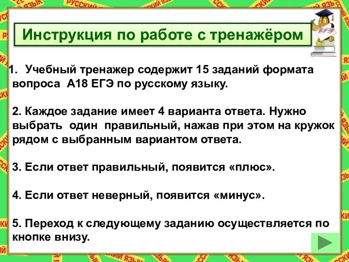 Инструкция по работе с тренажёром Учебный тренажер содержит 15 заданий формата