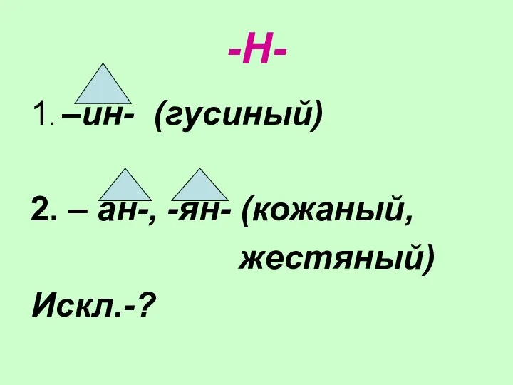 -Н- 1. –ин- (гусиный) 2. – ан-, -ян- (кожаный, жестяный) Искл.-?