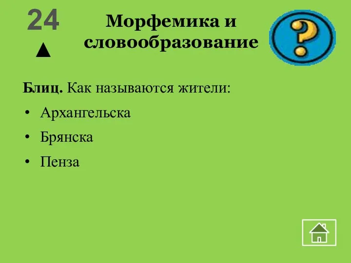 Морфемика и словообразование Блиц. Как называются жители: Архангельска Брянска Пенза 24 