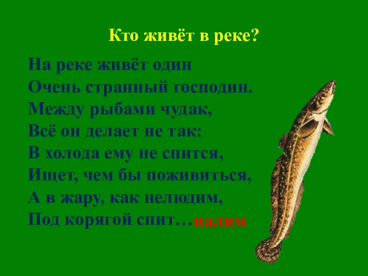 Кто живёт в реке? На реке живёт один Очень странный господин.