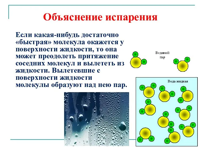 Объяснение испарения Если какая-нибудь достаточно «быстрая» молекула окажется у поверхности жидкости,