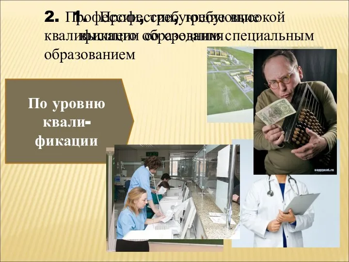 По уровню квали- фикации Профессии, требующие высшего образования 2. Профессии, требующие