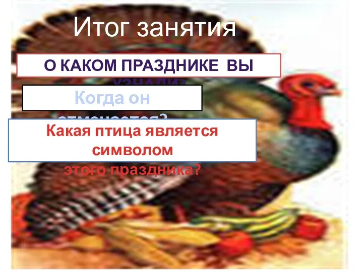 Итог занятия О КАКОМ ПРАЗДНИКЕ ВЫ УЗНАЛИ? Когда он отмечается? Какая птица является символом этого праздника?