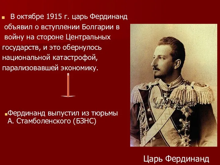 В октябре 1915 г. царь Фердинанд объявил о вступлении Болгарии в