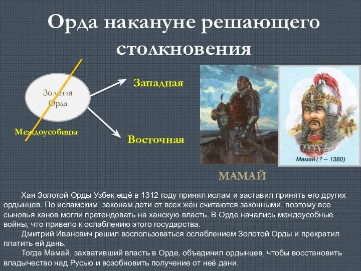 Орда накануне решающего столкновения Золотая Орда Междоусобицы Западная Восточная МАМАЙ Хан