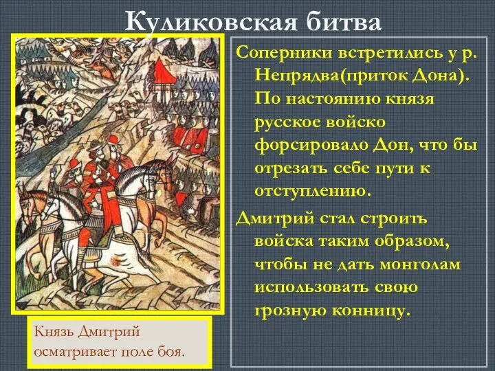 Соперники встретились у р. Непрядва(приток Дона).По настоянию князя русское войско форсировало