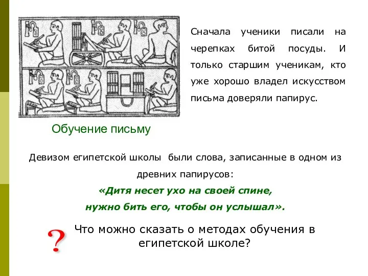 Обучение письму Сначала ученики писали на черепках битой посуды. И только