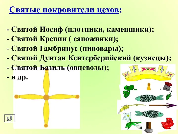 Святые покровители цехов: Святой Иосиф (плотники, каменщики); Святой Крепин ( сапожники);