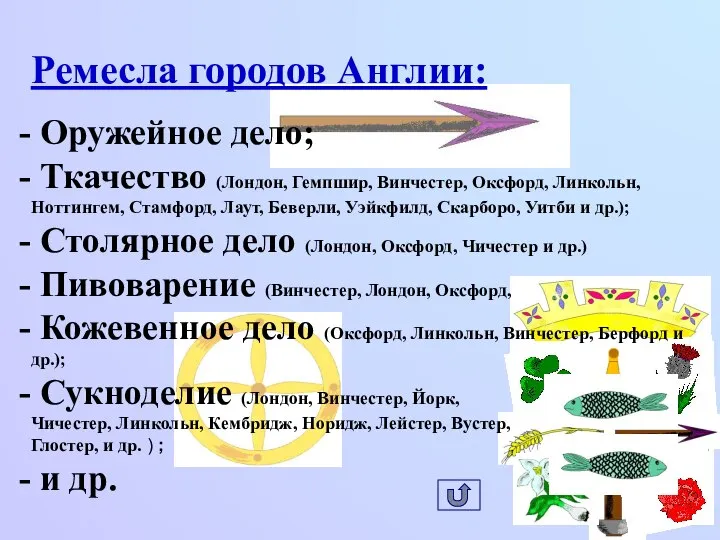 Ремесла городов Англии: Оружейное дело; Ткачество (Лондон, Гемпшир, Винчестер, Оксфорд, Линкольн,