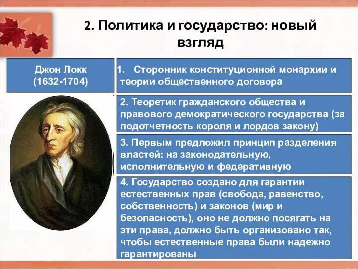 2. Политика и государство: новый взгляд Джон Локк (1632-1704) Сторонник конституционной
