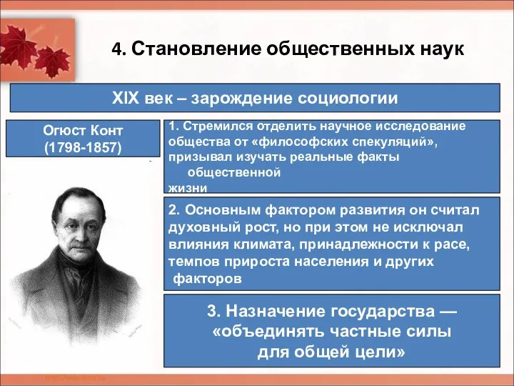 4. Становление общественных наук Огюст Конт (1798-1857) XIX век – зарождение