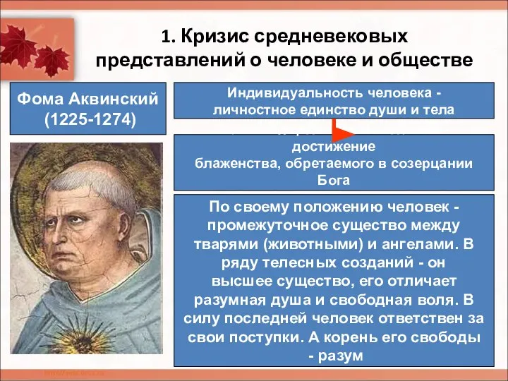 1. Кризис средневековых представлений о человеке и обществе Фома Аквинский (1225-1274)