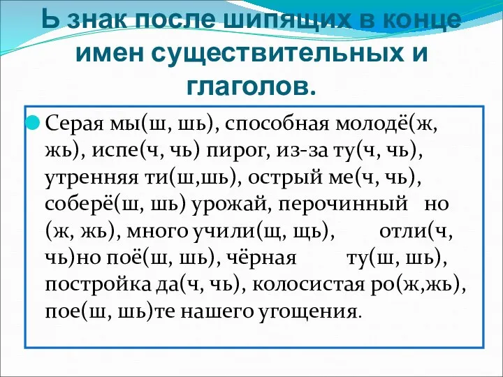 Ь знак после шипящих в конце имен существительных и глаголов. Серая