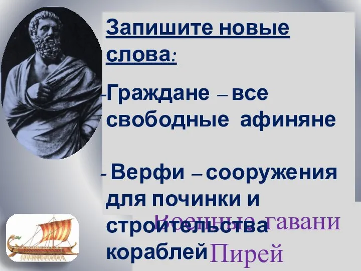 Военные гавани Пирей Запишите новые слова: Граждане – все свободные афиняне