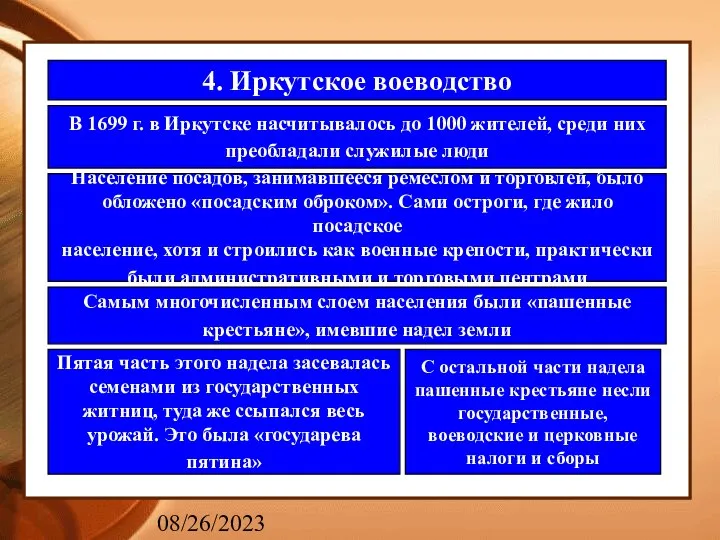 08/26/2023 4. Иркутское воеводство В 1699 г. в Иркутске насчитывалось до