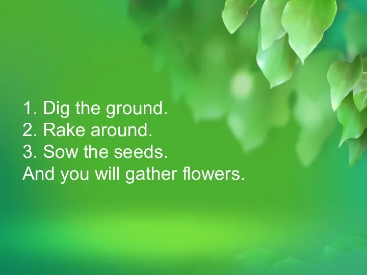 1. Dig the ground. 2. Rake around. 3. Sow the seeds.