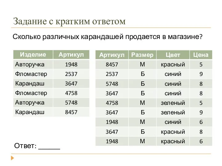 Задание с кратким ответом Сколько различных карандашей продается в магазине? Ответ: ______