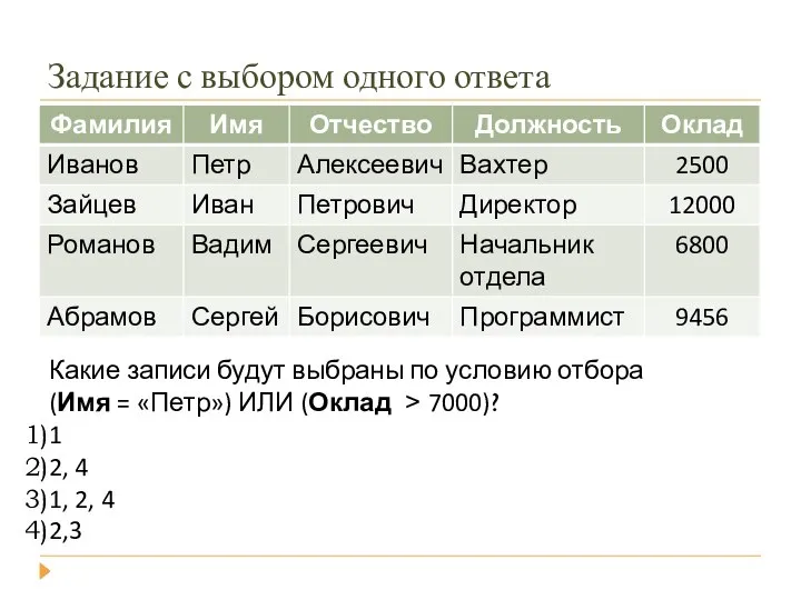 Задание с выбором одного ответа Какие записи будут выбраны по условию