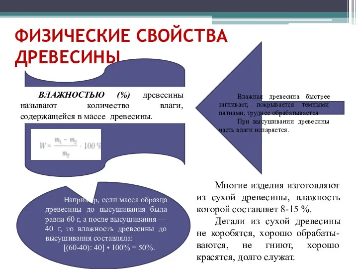 ФИЗИЧЕСКИЕ СВОЙСТВА ДРЕВЕСИНЫ ВЛАЖНОСТЬЮ (%) древесины называют количество влаги, содержащейся в