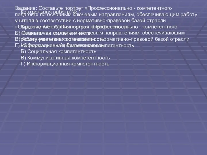 Контрольная работа № 1 Задание: Составьте портрет «Профессионально - компетентного педагога»