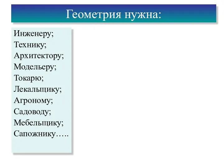 Инженеру; Технику; Архитектору; Модельеру; Токарю; Лекальщику; Агроному; Садоводу; Мебельщику; Сапожнику….. Геометрия нужна: