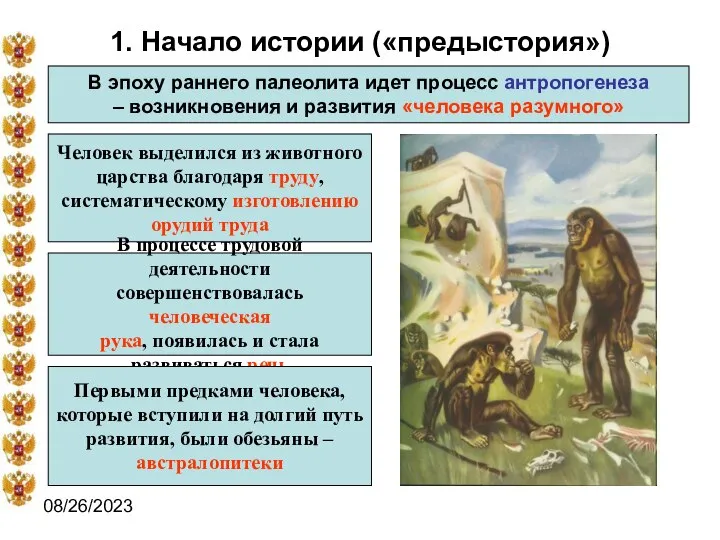 08/26/2023 1. Начало истории («предыстория») В эпоху раннего палеолита идет процесс