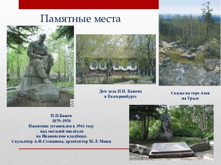 Памятные места П.П.Бажов 1879-1950 Памятник установлен в 1961 году над могилой