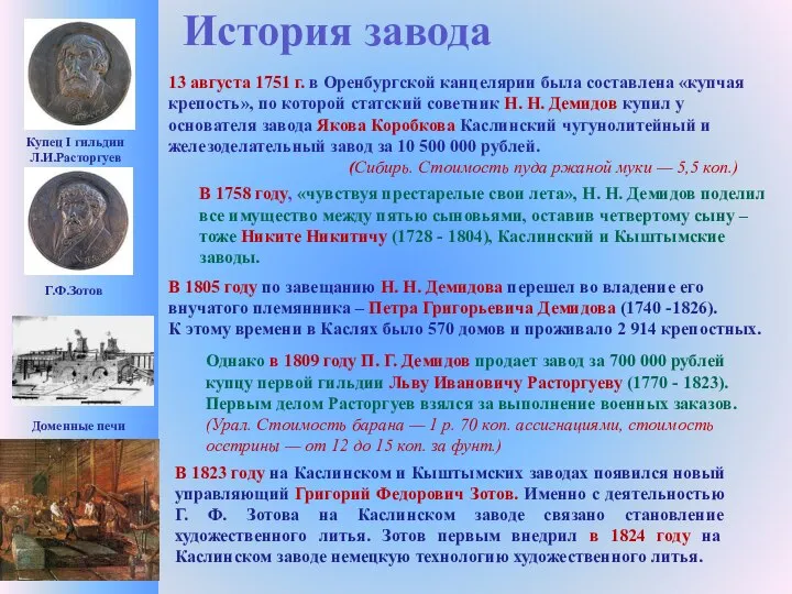 Купец I гильдии Л.И.Расторгуев Г.Ф.Зотов История завода 13 августа 1751 г.