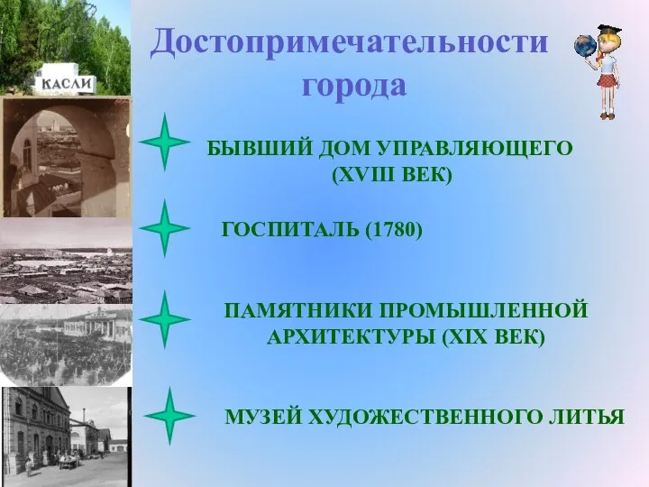 Достопримечательности города БЫВШИЙ ДОМ УПРАВЛЯЮЩЕГО (XVIII ВЕК) ГОСПИТАЛЬ (1780) ПАМЯТНИКИ ПРОМЫШЛЕННОЙ