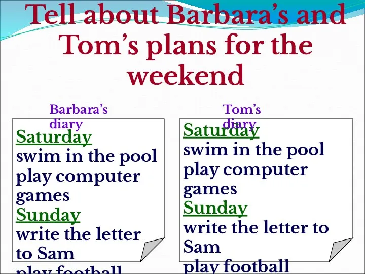 Tell about Barbara’s and Tom’s plans for the weekend Saturday swim