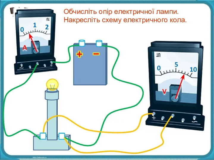 0 Обчисліть опір електричної лампи. Накресліть схему електричного кола.