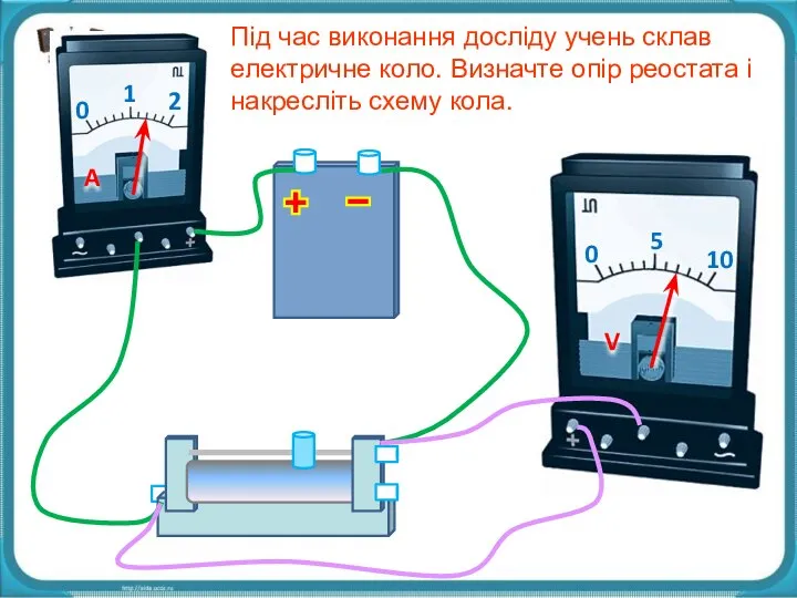 0 Під час виконання досліду учень склав електричне коло. Визначте опір реостата і накресліть схему кола.